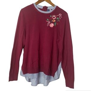 Crown & Ivy Womens Embroidered Mixed Media Sweater Shirt